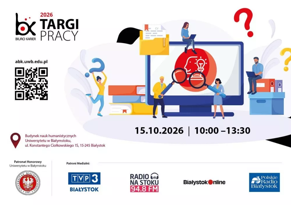 Plakat zapowiadający Targi Pracy Biura Karier Uniwersytetu w Białymstoku.